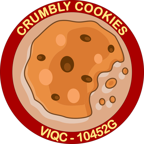 Space mission patch-inspired team logo. A red ring with pale yellow text reading Curmbly Cookies VIQC - 10452G. Inside the ring a vector image of a chocolate chip cookie that is starting to cruble in the lower-right