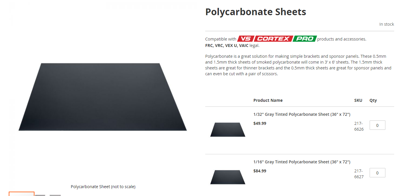 VEX Robotics Polycarbonate & ABS Plastic Sheets 