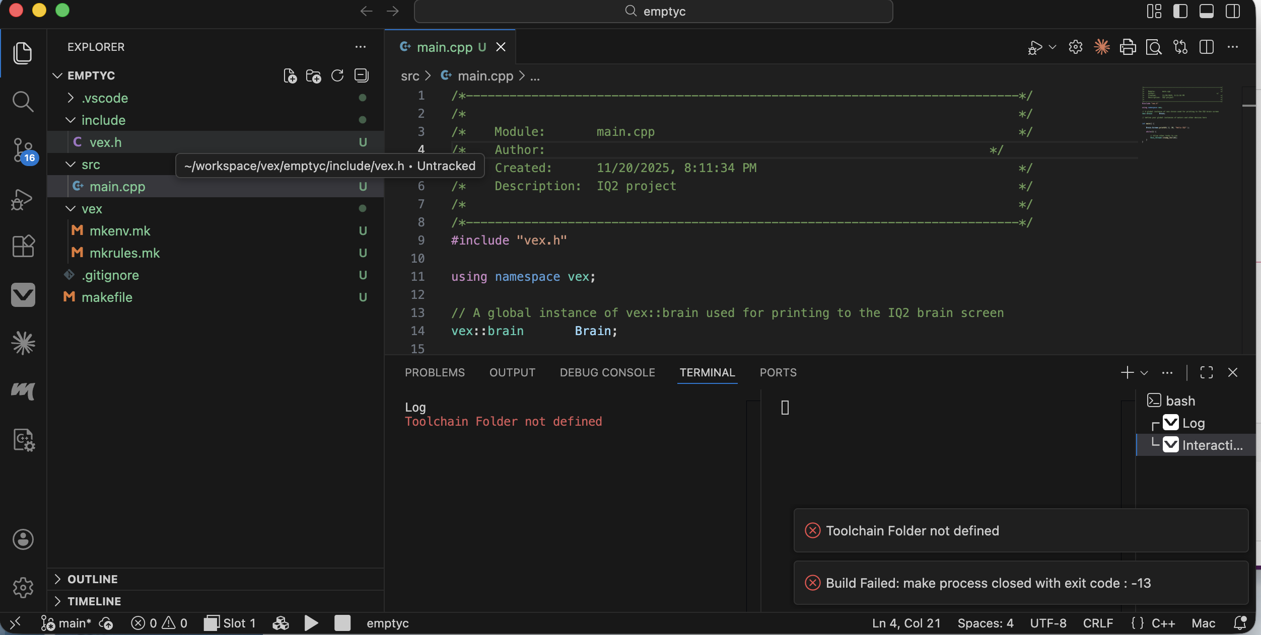 VSCode C++ with IQ - VEXcode IQ Technical Support - VEX Forum