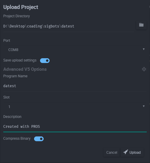 screenshot showing the "Upload Project" dialog in the PROS Editor