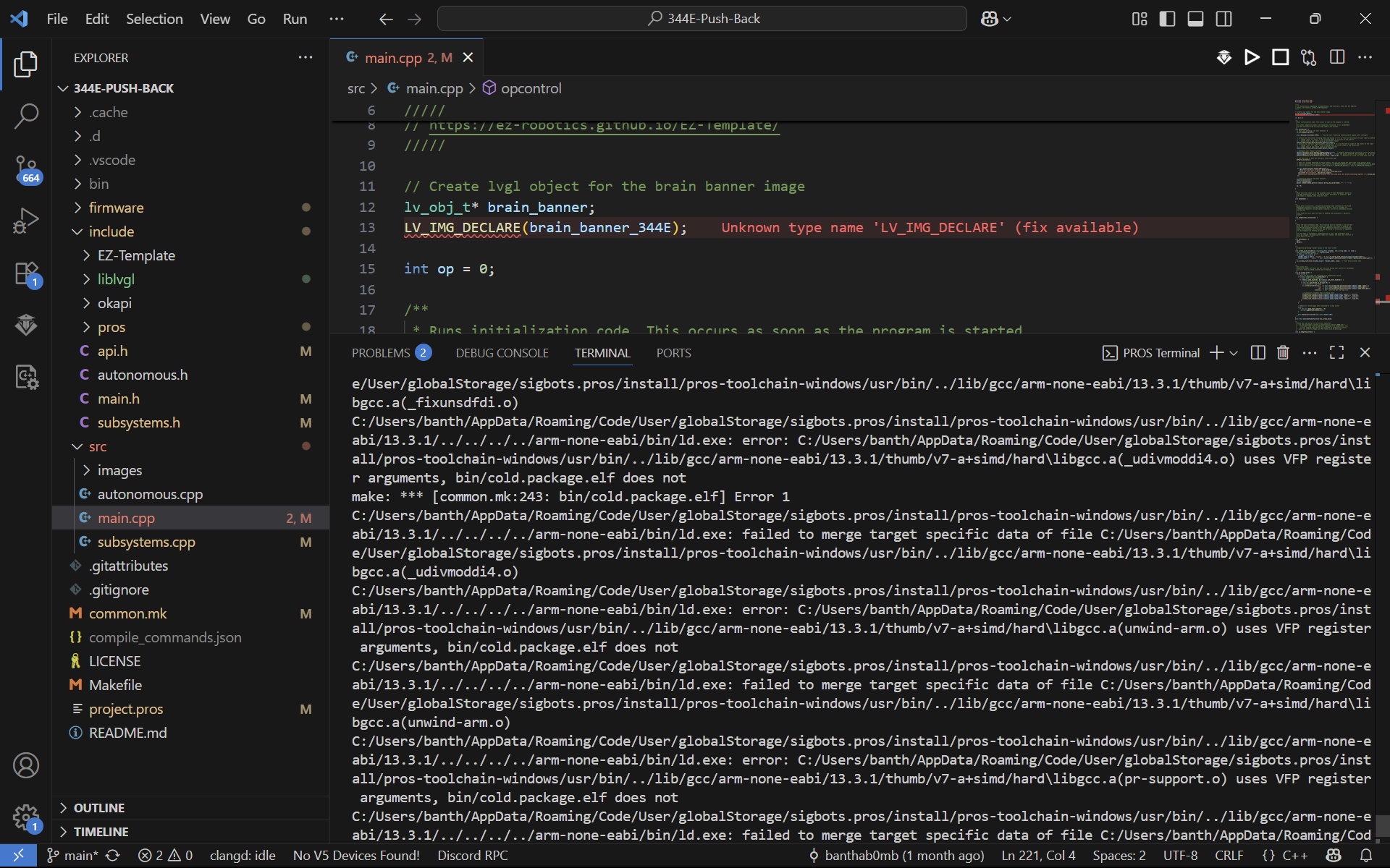PROS Errors After Upgrade - Programming Support - VEX Forum