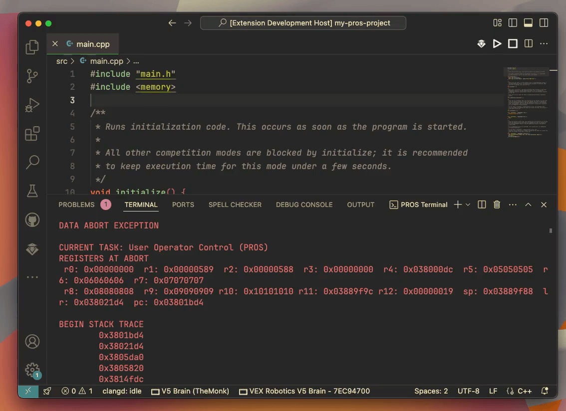Clicking through each address in a PROS project's stack trace