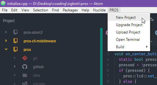 image showing the expanded PROS menu in the Atom text editor with the "New Project" option highlighted
